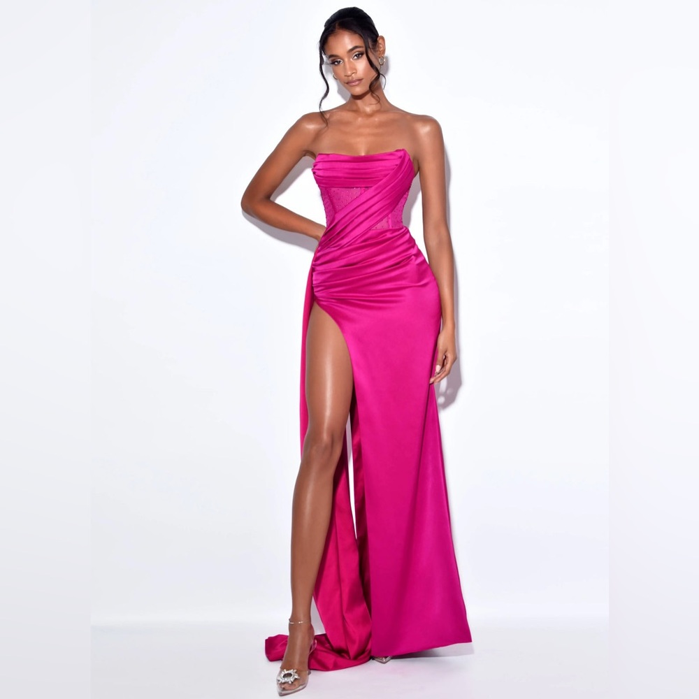 Holly Fuchsia Crystallized Corset High Slit Satin Gown